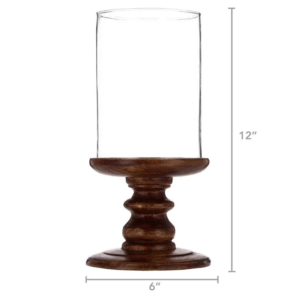 My Texas House Fall Large Wood and Glass Hurricane Candle Holder, Brown, 12in